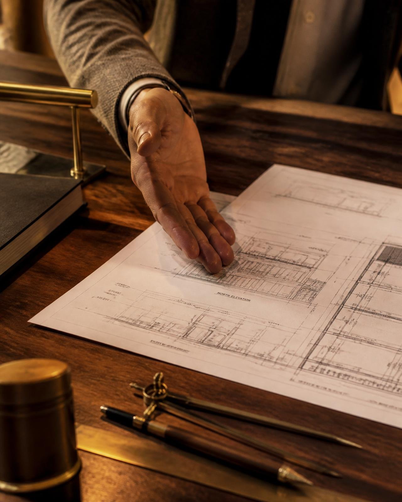 Architect reviewing building elevation drawings